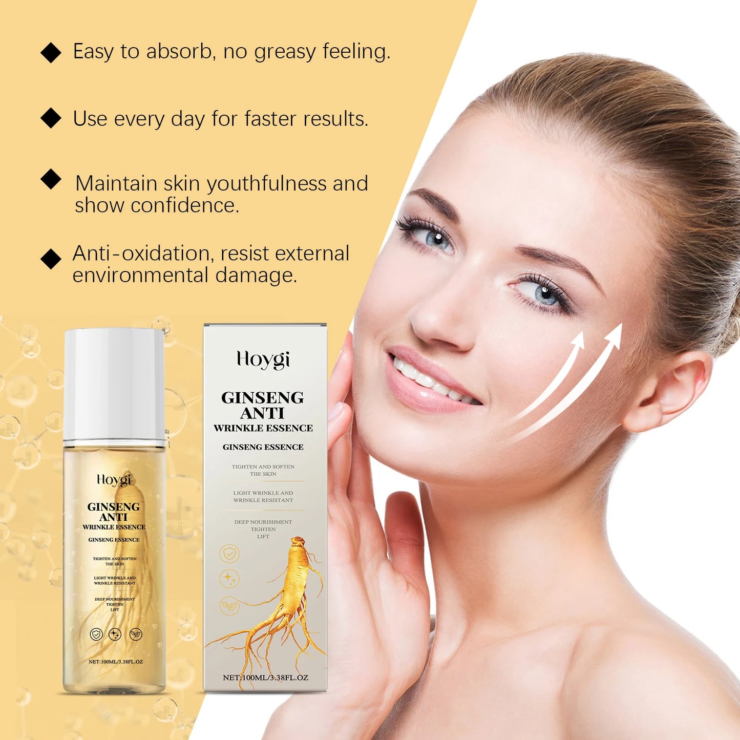 Hoygi 100ml Gold Ginseng Firming Face Essence Moisturizing Smoothing Skin Fade Fine Lines Wrinkles Tighten Facial Skin Serum