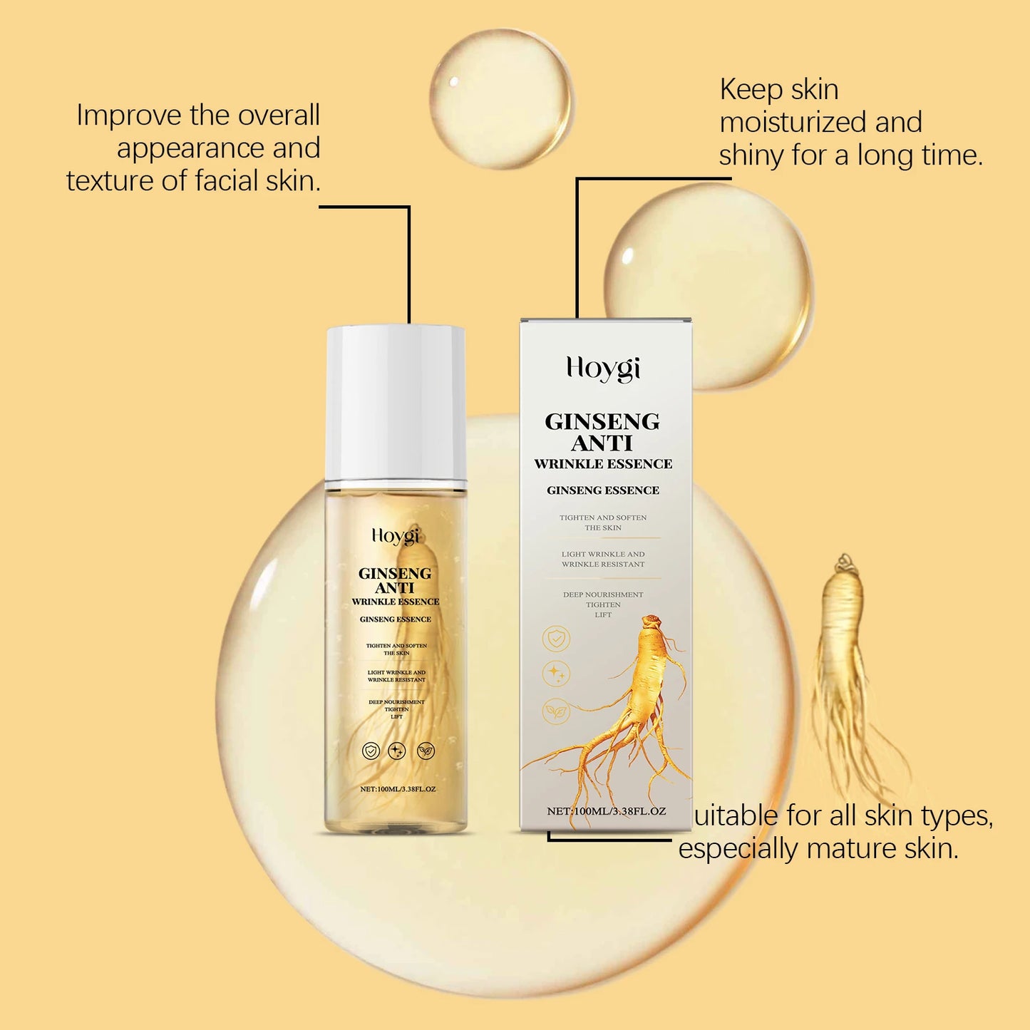 Hoygi 100ml Gold Ginseng Firming Face Essence Moisturizing Smoothing Skin Fade Fine Lines Wrinkles Tighten Facial Skin Serum