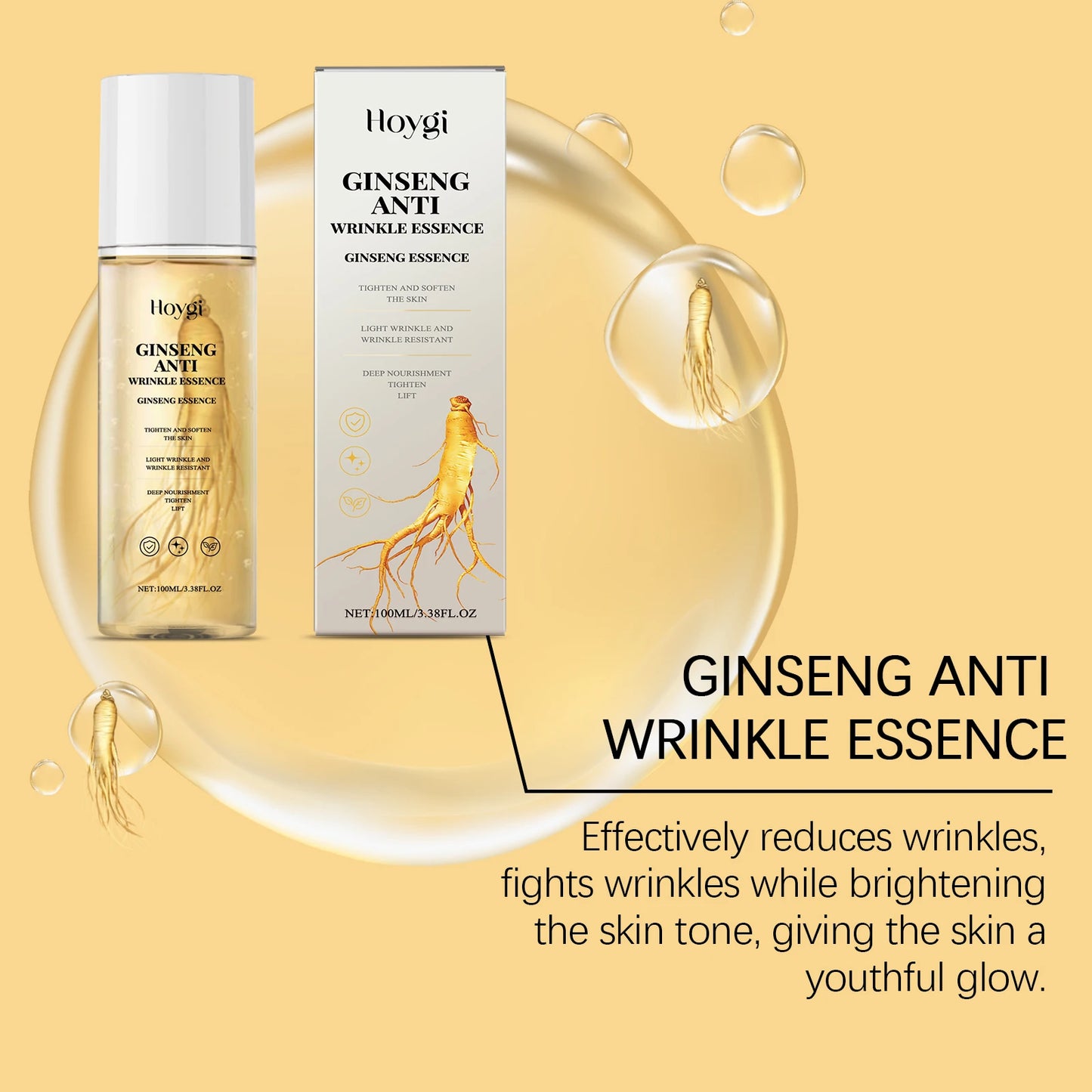 Hoygi 100ml Gold Ginseng Firming Face Essence Moisturizing Smoothing Skin Fade Fine Lines Wrinkles Tighten Facial Skin Serum