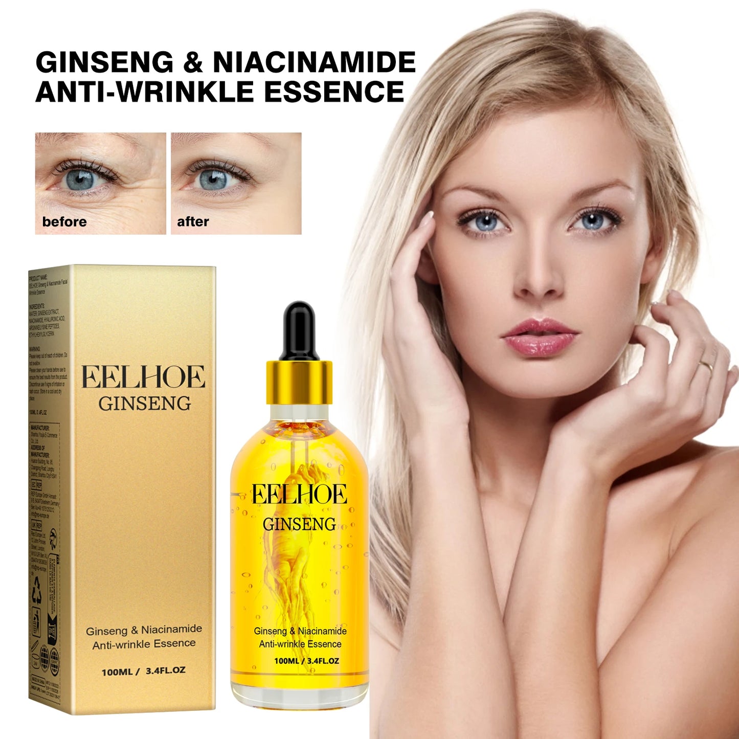 Ginseng & Niacinamide Anti-Wrinkle Essence,Ginseng Face Repair Serum, Moisturizing and Easily Absorbed, Refreshing Face