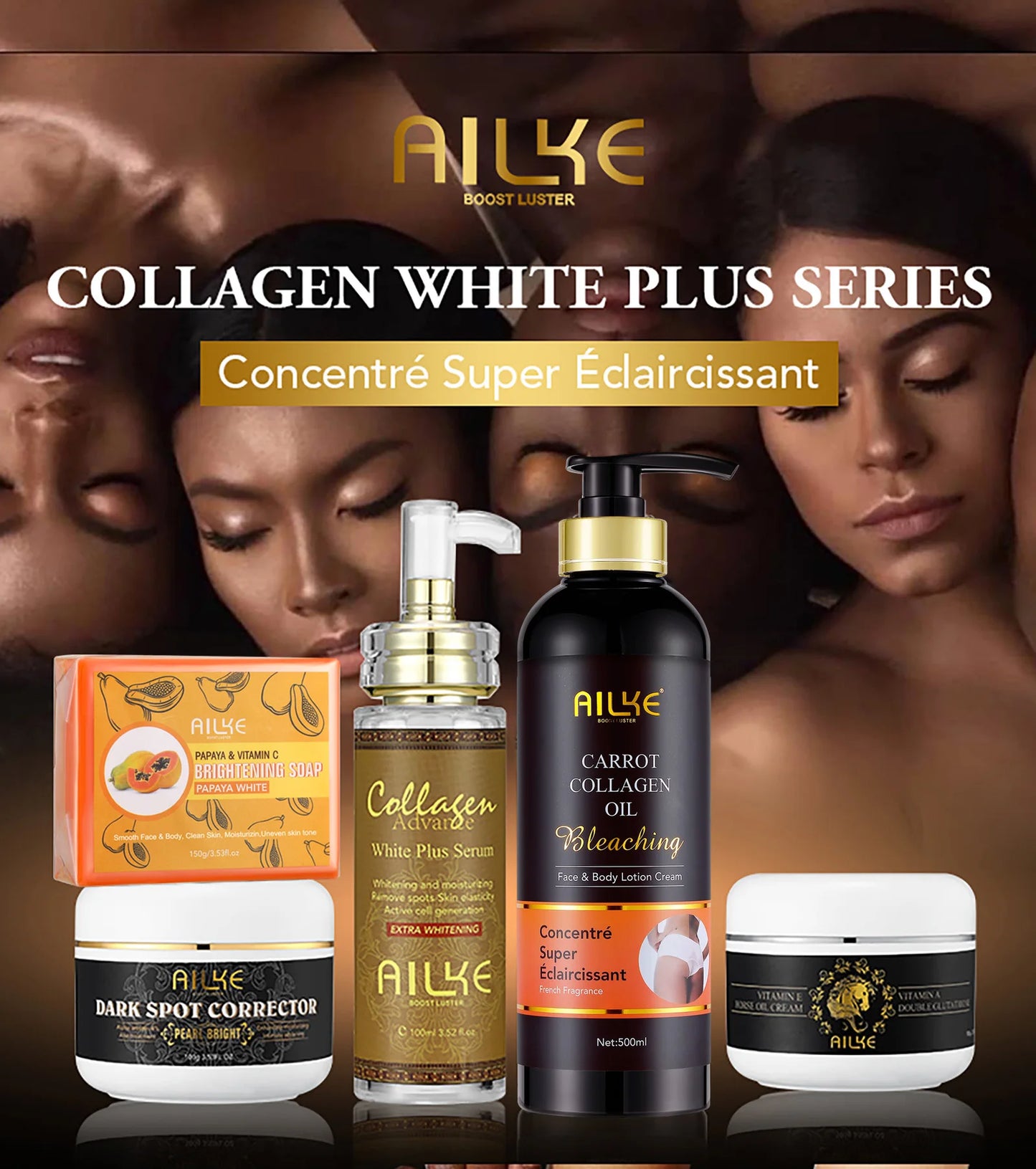 AILKE Collagen Skin Care Kit, Reduce Spots, Whitening, Even Skin Tone, For Dark Skin, Black Skin, African Skin, Caramel Skin